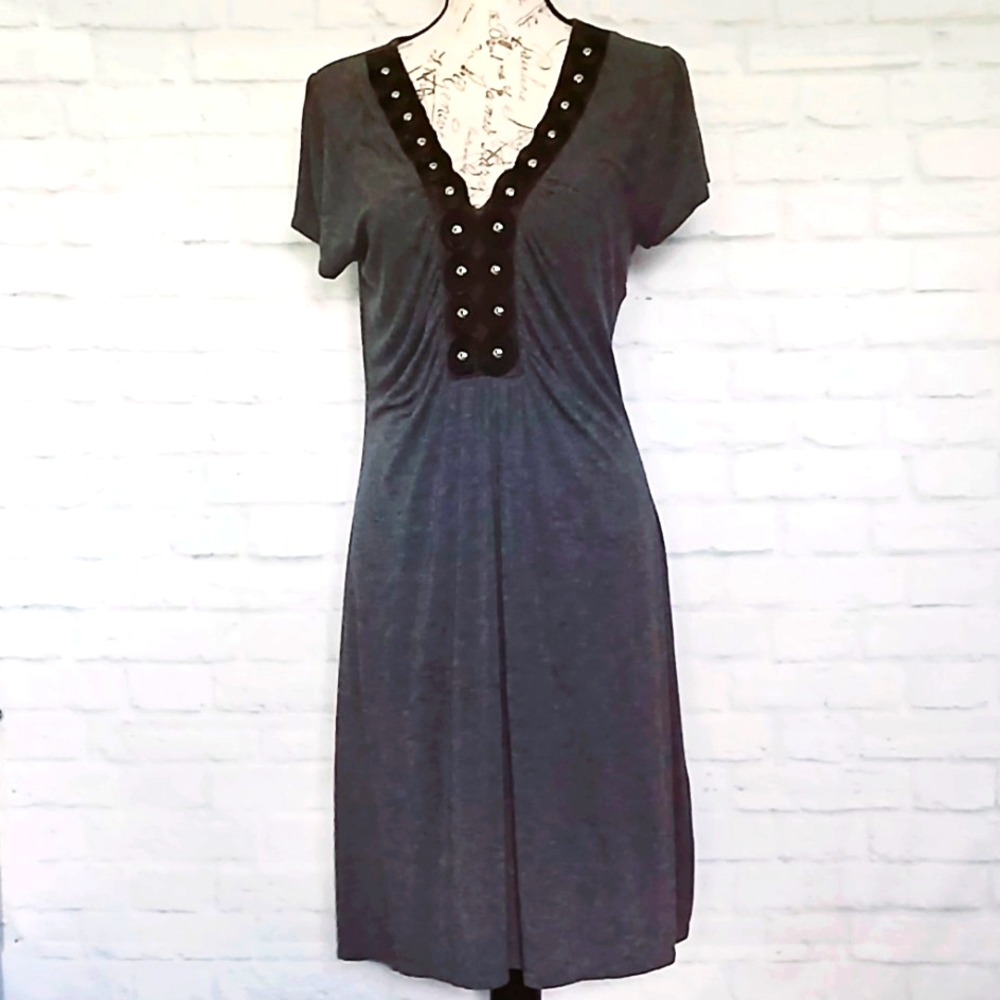 Pink Rose Heather Gray V-neck Midi Dress with Silver Stud Details, XL